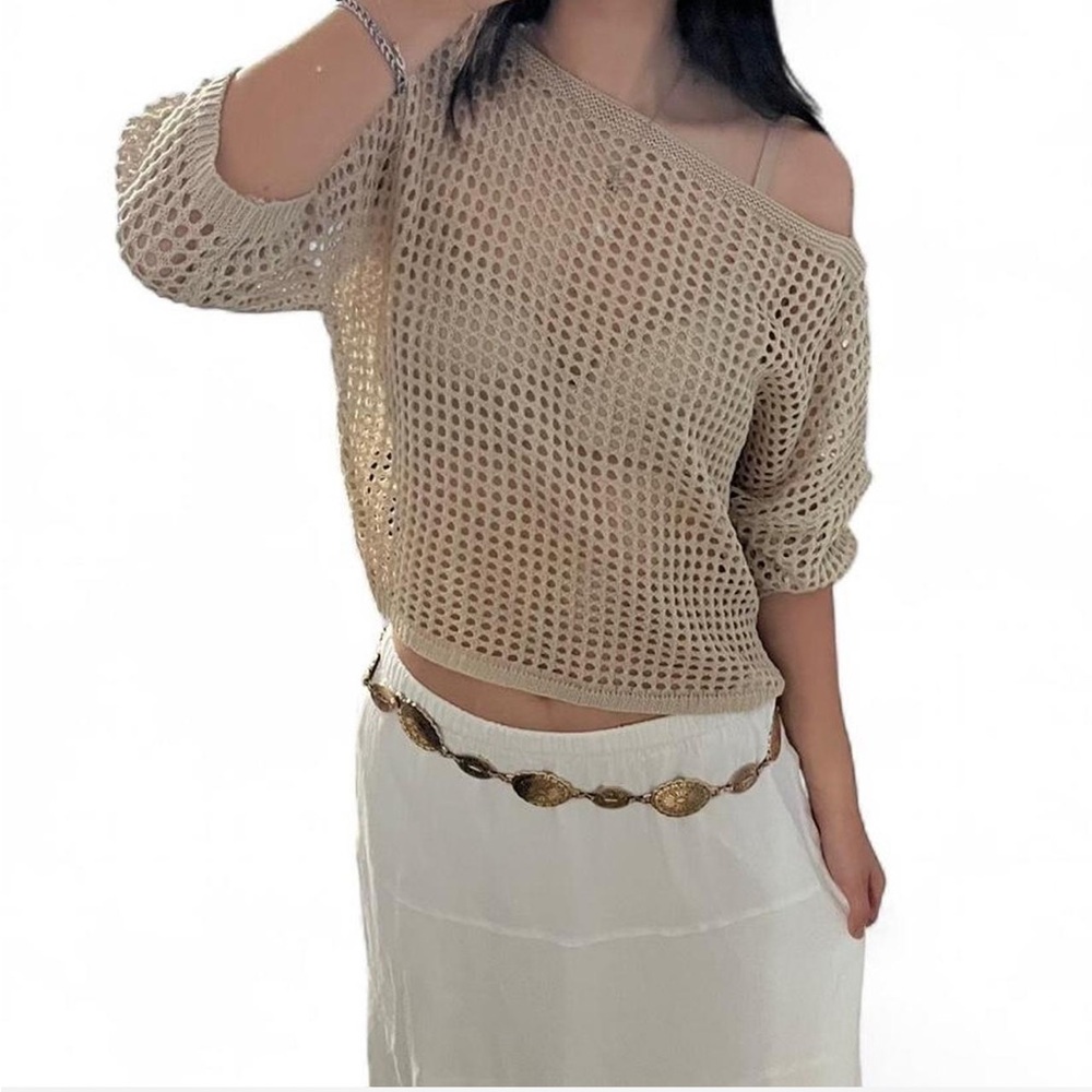 Off Shoulder Beige Knit Mesh Top